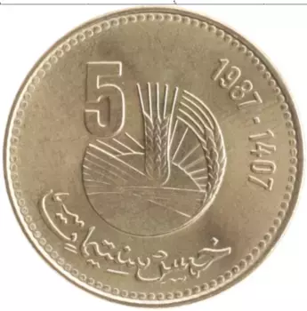 Монета 5 сантим Марокко 1987 года Латунь