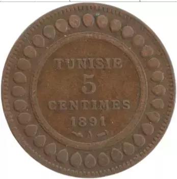 Монета 5 сантим Туниса 1891 года Медь
