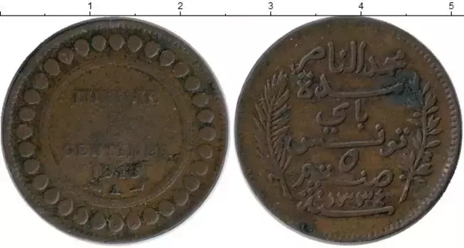 Монета 5 сантим Туниса 1916 года Бронза