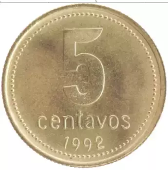 Монета 5 сентаво Аргентины 1992 года Латунь