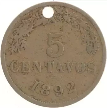 Монета 5 сентаво Боливии 1892 года Медно-никель Отверстие