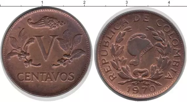 Монета 5 сентаво Колумбии 1970 года Бронза