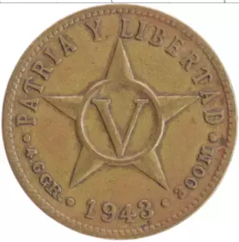 Монета 5 сентаво Кубы 1943 года Латунь