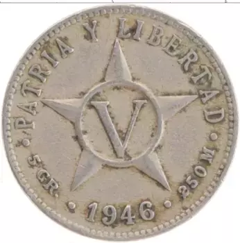 Монета 5 сентаво Кубы 1946 года Медно-никель