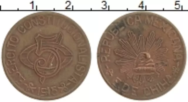 Монета 5 сентаво Мексики 1915 года Медь Гражданская война