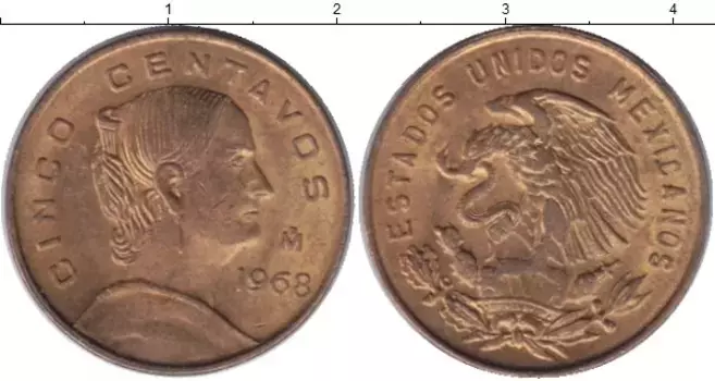 Монета 5 сентаво Мексики 1968 года Медь