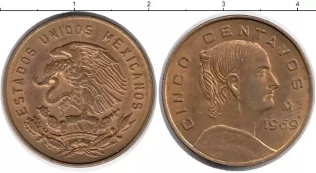 Монета 5 сентаво Мексики 1969 года Латунь