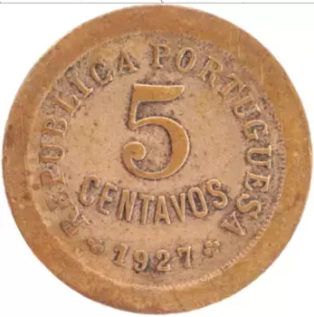 Монета 5 сентаво Португалии 1927 года Бронза
