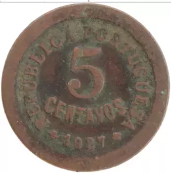 Монета 5 сентаво Португалии 1927 года Бронза