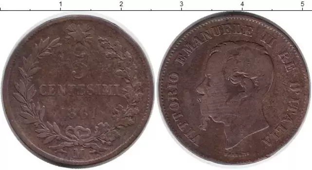 Монета 5 сентесим Италии 1861 года Бронза Колос, Виктор Эммануил II