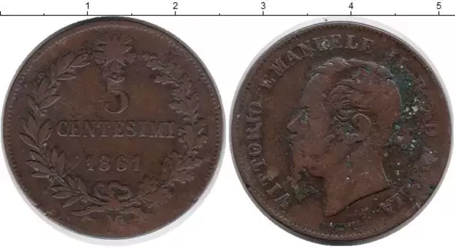Монета 5 сентесим Италии 1861 года Бронза Колос, Виктор Эммануил II