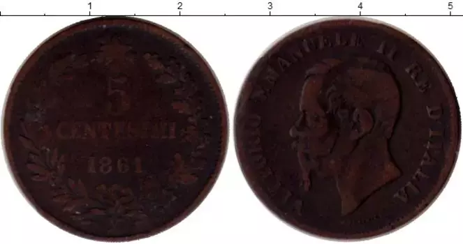 Монета 5 сентесим Италии 1861 года Медь Витторио Эмануил II