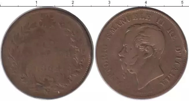 Монета 5 сентесим Италии 1862 года Бронза Виктор Эммануил II