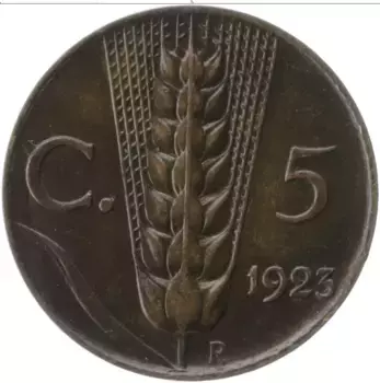 Монета 5 сентесим Италии 1923 года Бронза Витторио Эммануил III