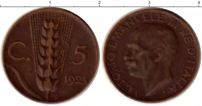 Монета 5 сентесим Италии 1923 года Медь Виктор Эммануил III