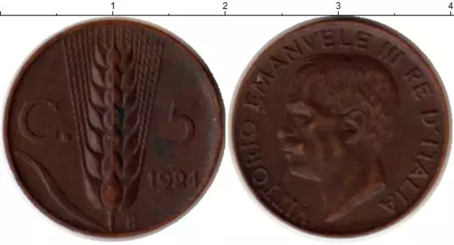 Монета 5 сентесим Италии 1924 года Медь Виктор Эммануил III