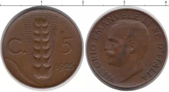 Монета 5 сентесим Италии 1925 года Медь Витторио Имануил III