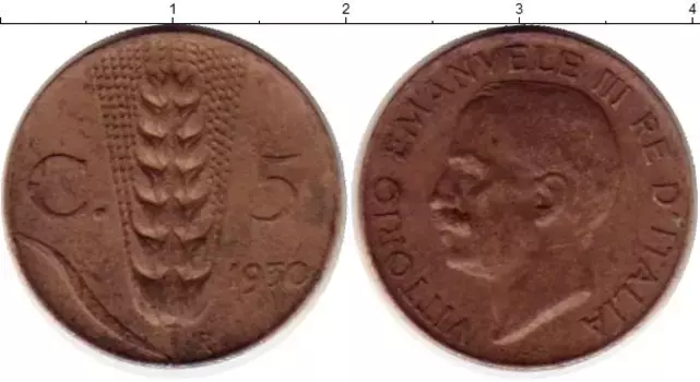 Монета 5 сентесим Италии 1930 года Латунь Виктор Эммануил III