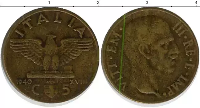 Монета 5 сентесим Италии 1940 года Латунь Виктор Эмануил III