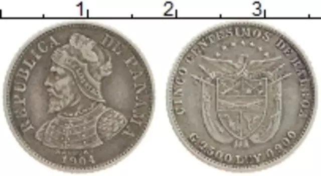 Монета 5 сентесим Панамы 1904 года Серебро Васко Нуньес де Бальбоа
