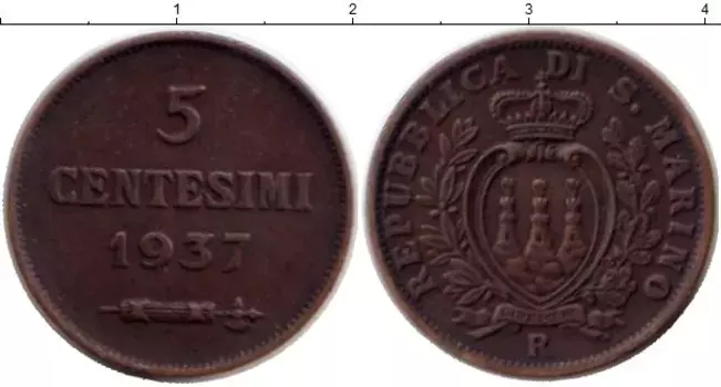 Монета 5 сентесим Сан-Марино 1937 года Медь