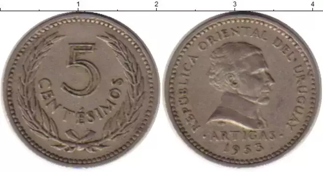 Монета 5 сентесим Уругвая 1953 года Медно-никель Артигас