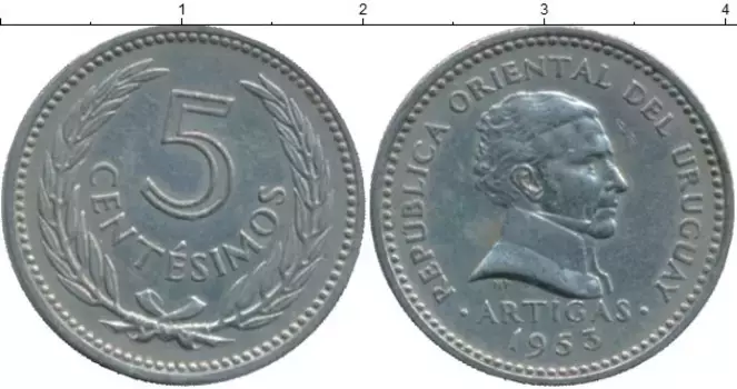 Монета 5 сентесим Уругвая 1953 года Медно-никель Артигас