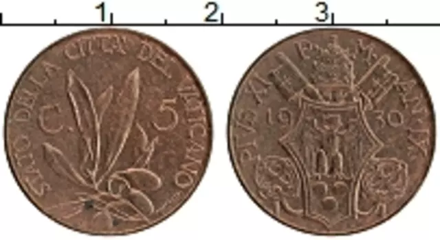 Монета 5 сентесим Ватикана 1930 года Бронза Пий XI