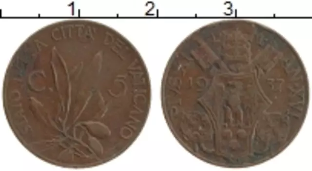 Монета 5 сентесим Ватикана 1937 года Бронза Пий XI