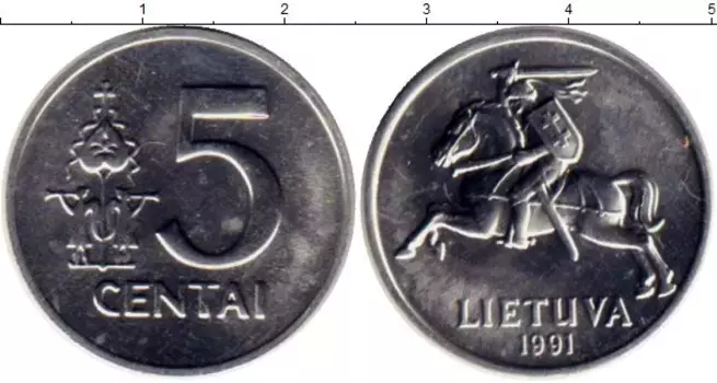 Монета 5 сенти Литвы 1991 года Алюминий