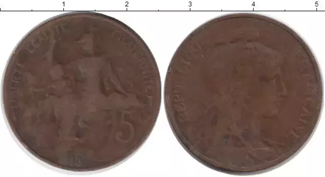 Монета 5 сентим Франции 1913 года Бронза Свобода