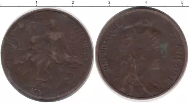Монета 5 сентим Франции 1913 года Медь Свобода