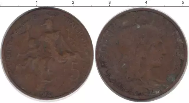 Монета 5 сентим Франции 1914 года Бронза Свобода