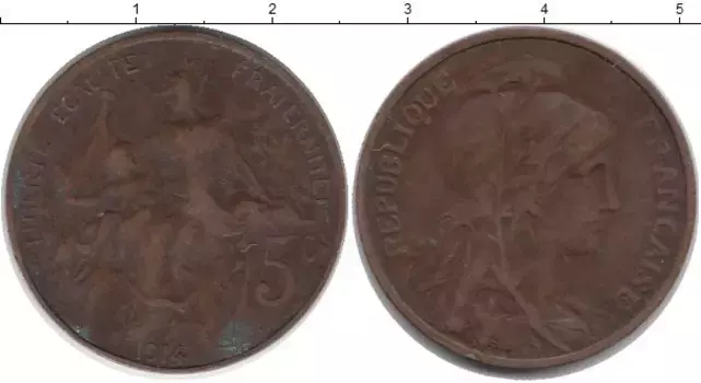 Монета 5 сентим Франции 1914 года Медь Свобода