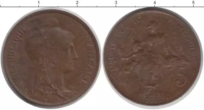Монета 5 сентим Франции 1916 года Медь