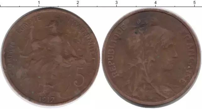 Монета 5 сентим Франции 1917 года Медь Свобода