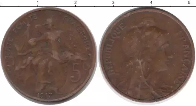 Монета 5 сентим Франции 1917 года Медь Свобода