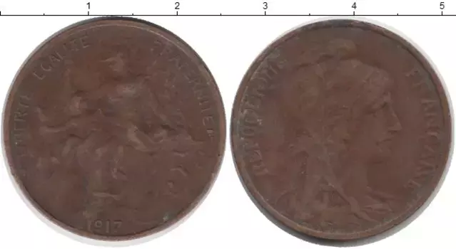 Монета 5 сентим Франции 1917 года Медь Свобода