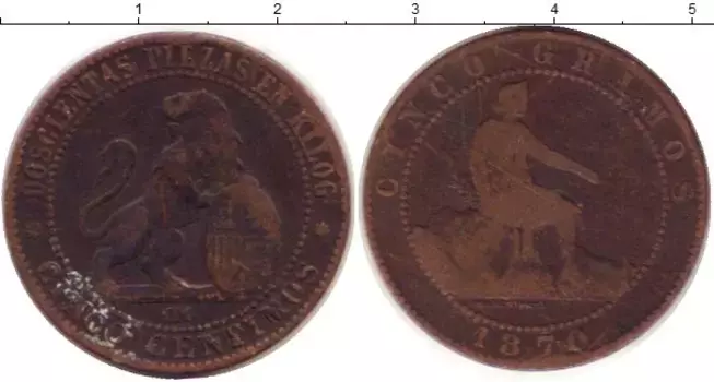 Монета 5 сентим Испании 1870 года Медь /