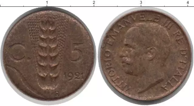 Монета 5 сентим Италии 1921 года Медь Виктор Эммануил III