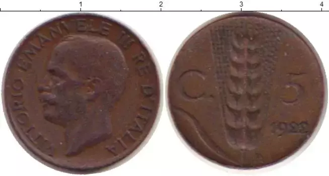 Монета 5 сентим Италии 1922 года Бронза Витторио Имануил III