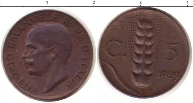 Монета 5 сентим Италии 1929 года Бронза Витторио Имануил III