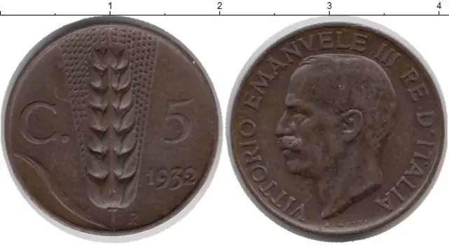 Монета 5 сентим Италии 1932 года Бронза Виктор Эммануил III