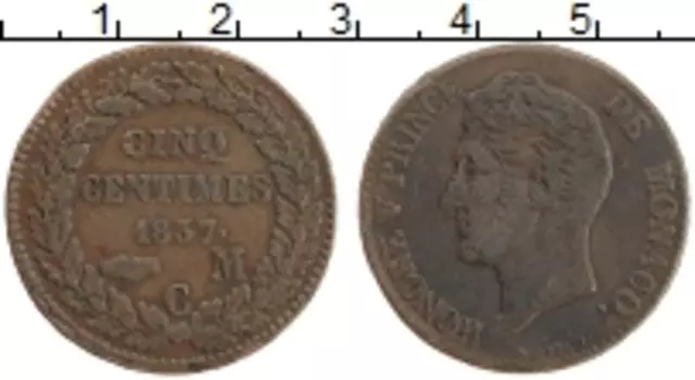 Монета 5 сентим Монако 1837 года Медь Оноре V