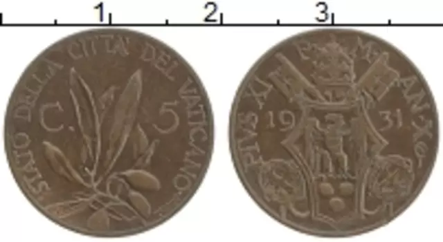 Монета 5 сентим Ватикана 1931 года Бронза Пий XI