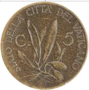 Монета 5 сентим Ватикана 1940 года Латунь Пий XII