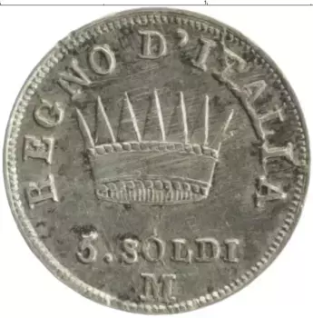 Монета 5 сольди Италии 1809 года Серебро М