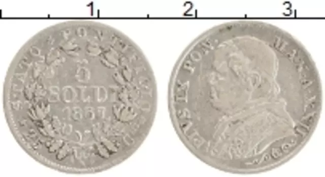 Монета 5 сольди Ватикана 1867 года Серебро Пий IX