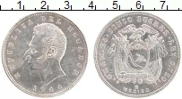 Монета 5 сукре Эквадора 1944 года Серебро Антонио Хосе де Сукре
