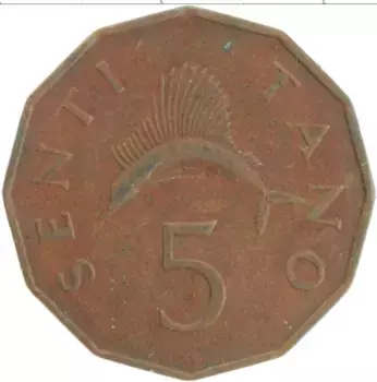 Монета 5 тано Танзании 1972 года Бронза